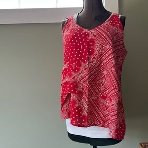 Sleeveless top red and white by keren hart NWT stars paisley layered tank top